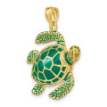 14K Yellow Gold 3-D Green Enamel Large Sea Turtle Charm Pendant - (A91-338)