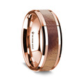 14K Rose Gold Polished Beveled Edges Men's Wedding Band with Olive Wood Inlay - 8 mm ~ (G65-102)