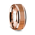 14K Rose Gold Polished Beveled Edges Wedding Ring with Cherry Wood Inlay - 8 mm ~ (G65-118)