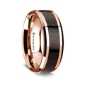 14K Rose Gold Polished Beveled Edges Wedding Ring with Ebony Wood Inlay - 8 mm ~ (G65-121)