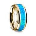 14K Yellow Gold Polished Beveled Edges Wedding Ring with Blue Opal Inlay - 8 mm ~ (G65-154)
