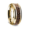 14K Yellow Gold Polished Beveled Edges Wedding Ring with Brown Dinosaur Bone Inlay - 8 mm ~ (G65-155)