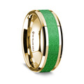 14K Yellow Gold Polished Beveled Edges Wedding Ring with Sparkling Green Inlay - 8 mm ~ (G65-173)