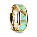 14K Yellow Gold Polished Beveled Edges Wedding Ring with Turquoise Inlay - 8 mm ~ (G65-176)
