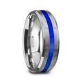 LAWSON Mens Beveled Edges White Tungsten Brushed Finish Wedding Ring with Blue Stripe - 8mm ~ (H65-359)