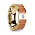 ONESIMOS  Men's Polished 14K Yellow Gold & Red Oak Wood Inlaid Wedding Ring with Diamond - 8mm ~ (H65-645)