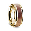 Polished Beveled Edges 14K Yellow Gold Men's Wedding Band with Olive Wood Inlay - 8 mm ~ (H65-760)