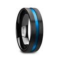 WESTLEY Flat Brushed Finish Black Ceramic Mens Wedding Ring with Blue Grooved Center - 8mm ~ (J65-252)