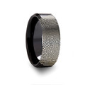 Fingerprint Black Tungsten Brush Finished Center Wedding Ring - Polished Beveled Edges Comfort Fit - 6mm 8mm