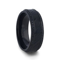 TROPHY Polished Black Titanium Black Damascus Steel Inlaid Black Sapphire Beveled Edges Wedding Ring - 8mm