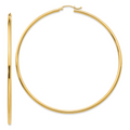 Gold Hoop Earrings 14K Yellow Gold Polished Round Tube Hoop Earrings 2x70mm Thickness