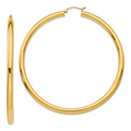 Gold Hoop Earrings 14K Yellow Gold Polished 4x70mm Round Tube Hoop Earrings 4mm Thickness