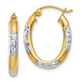 Gold Hoop Earrings 14K & Rhodium Diamond Cut Oval Hollow Hoop Earrings 3mm Thickness