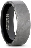Mens Womens DIEMOS Flat Black Titanium Ring With Meteorite And Beveled Edges - 8mm