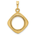 Wideband Distinguished Gold Coin Bezel Pendant Mounting - 13mm - 39.5mm Coin Size in mm - 14K Yellow Gold - Polished Textured and Beaded Diamond Shaped - Prong Set  with Bail