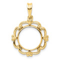 Wideband Distinguished Gold Coin Bezel Pendant Mounting - 13mm - 14mm Coin Size in mm - 14K Yellow Gold - Polished Filigree - Prong Set with Bail