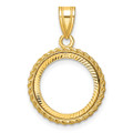 Wideband Distinguished Gold Coin Bezel Pendant Mounting - 14mm - 32.7mm Coin Size in mm - 14K Yellow Gold - Polished and Diamond-cut with Casted Rope - Prong Set with Bail