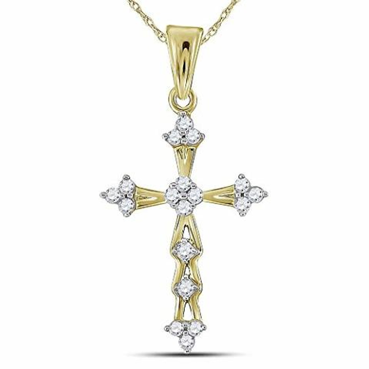 Diamond2Deal 10K Yellow Gold Diamond Cross Pendant Rope Chain Necklace for  Women 18inch (1/6Ct - 12S6BB