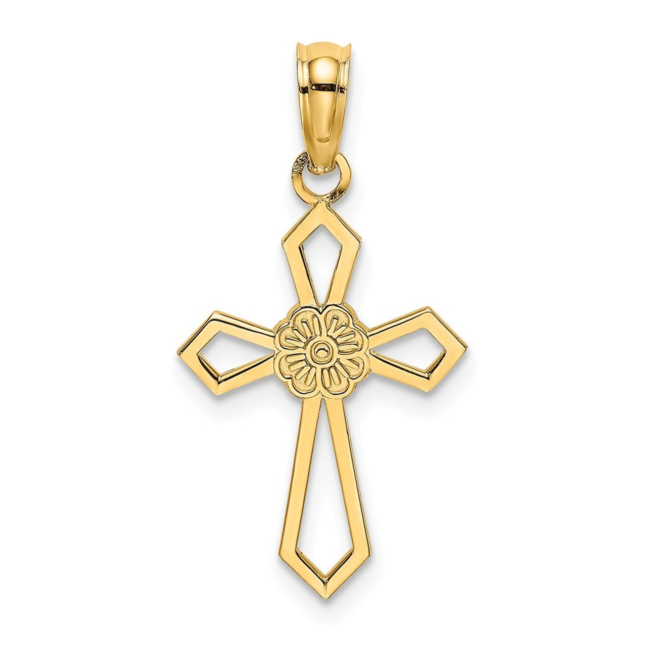 14K Yellow Gold Cutout & Flat Cross With Flower Charm Pendant - (A93-270)