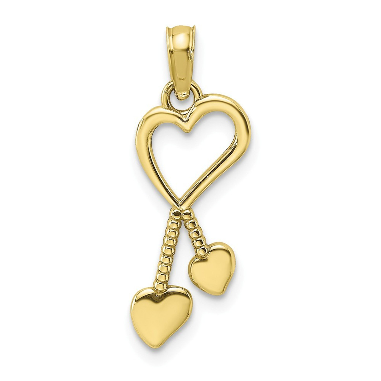 10K Yellow Gold Polished Heart With Double Heart Beaded Tassle