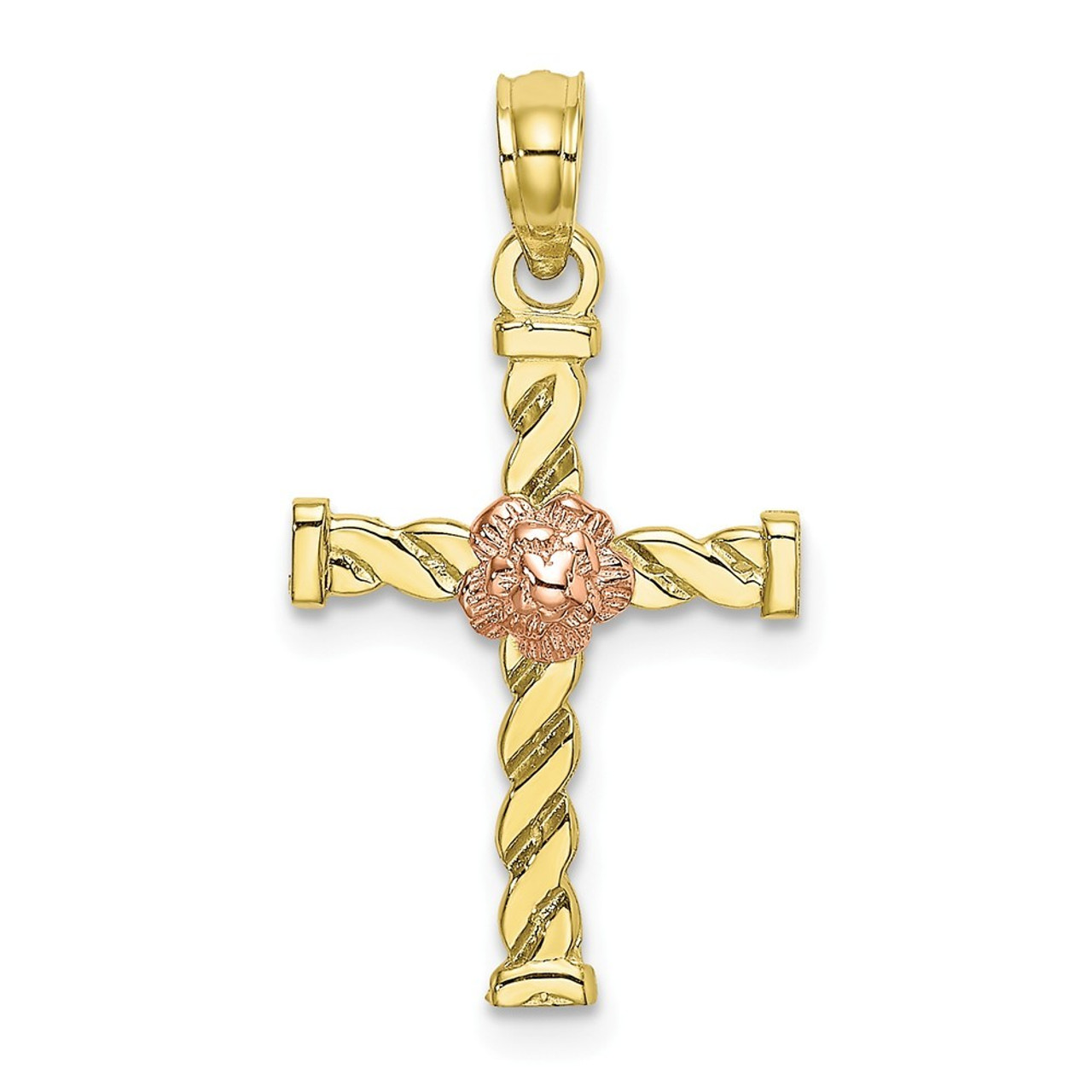 10K Two-tone Gold Twisted Cross With Flower Charm Pendant - (A88-936)
