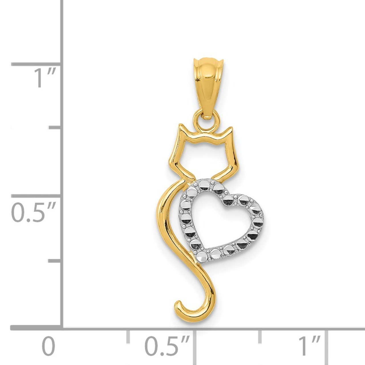 14K Two-tone Gold Polished Cat with Heart Pendant - (B11-953)