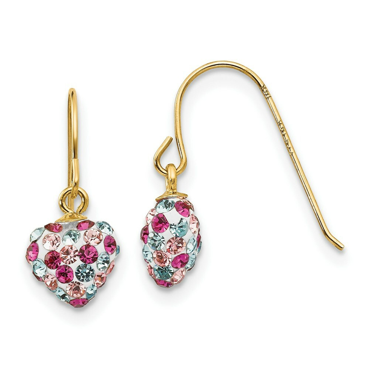 14K Yellow Gold Multi-colored Crystal Heart Dangle Earrings - (B43-877)