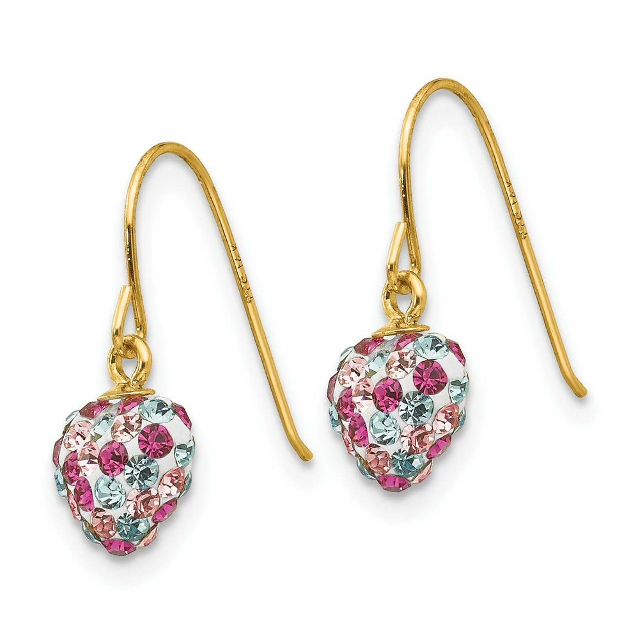 14K Yellow Gold Multi-colored Crystal Heart Dangle Earrings - (B43-877)