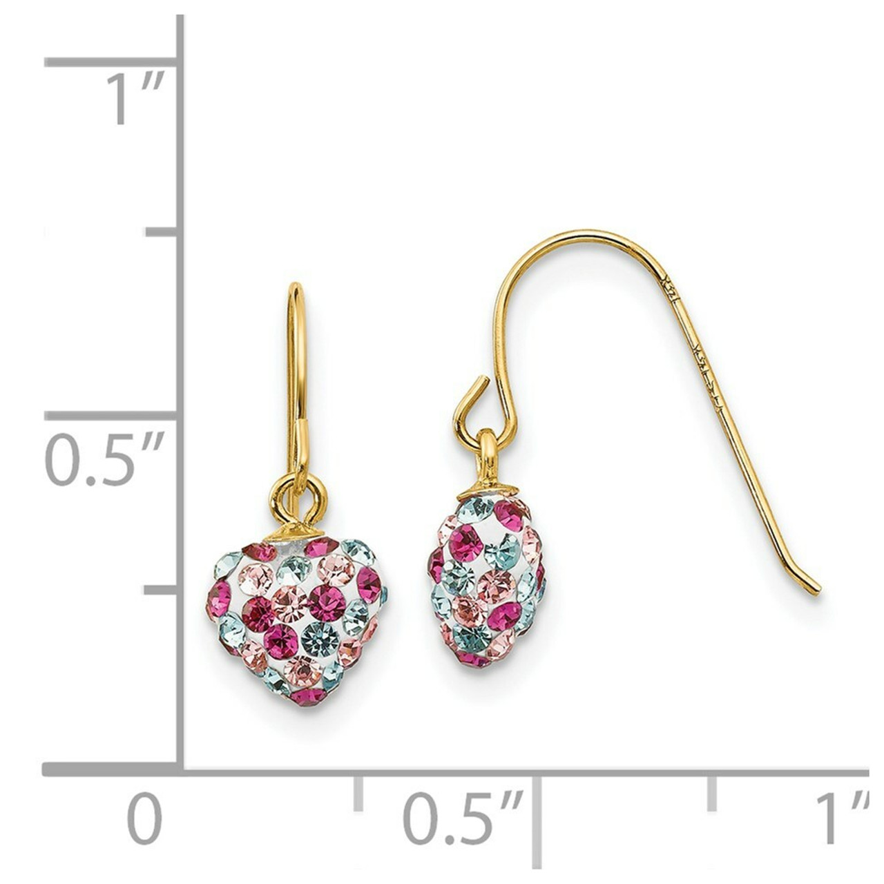 14K Yellow Gold Multi-colored Crystal Heart Dangle Earrings - (B43-877)