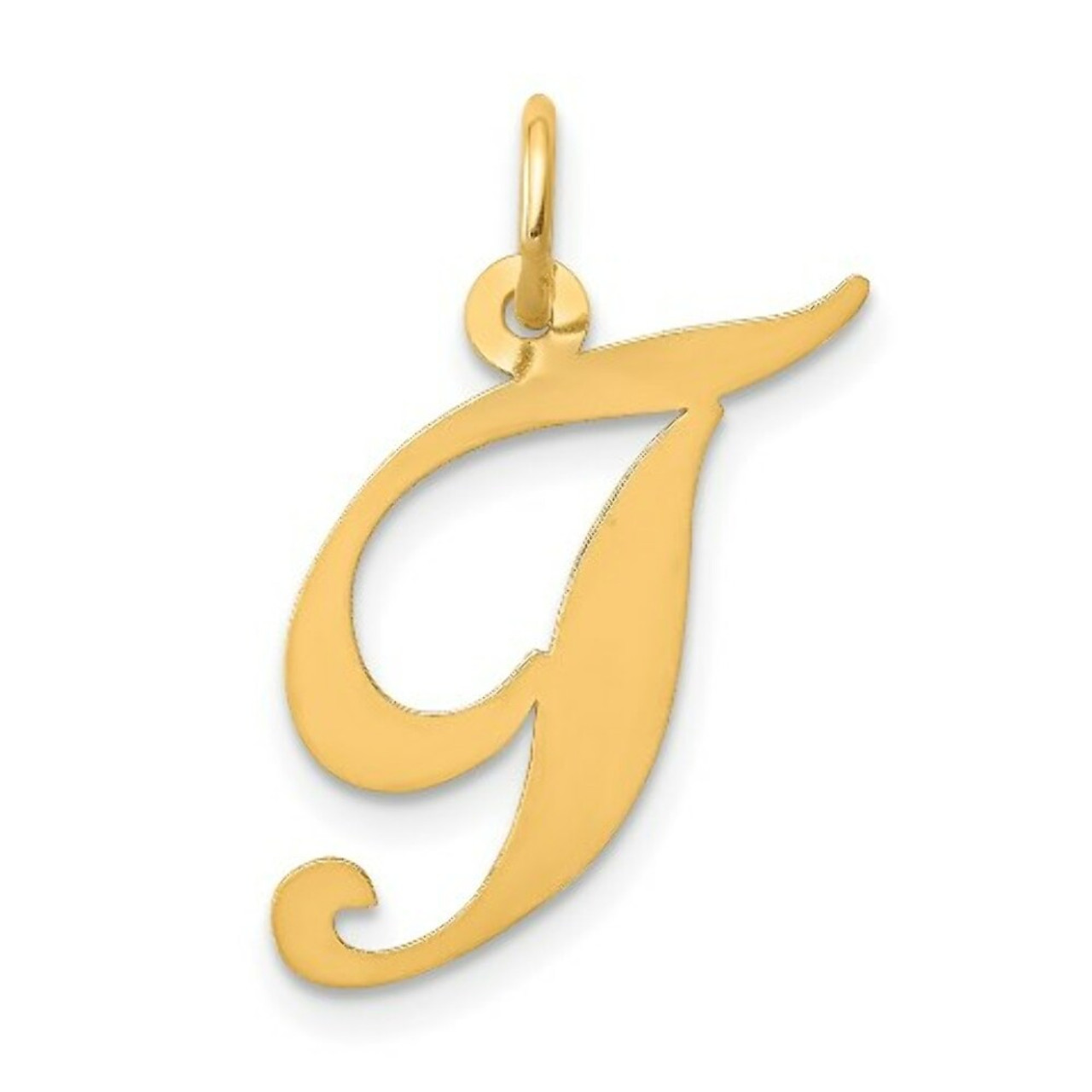 14K Yellow Gold Medium Fancy Script Initial Letter T Charm Pendant - (B13-278)
