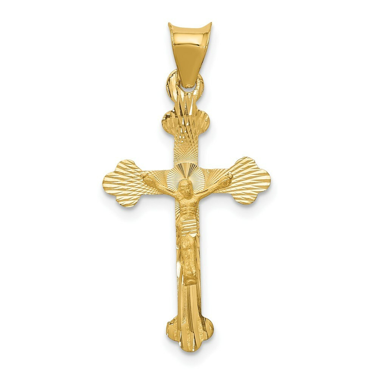 14K Yellow Gold Polished Satin and Diamond-cut Crucifix Pendant 29.5mm length - (A87-235)