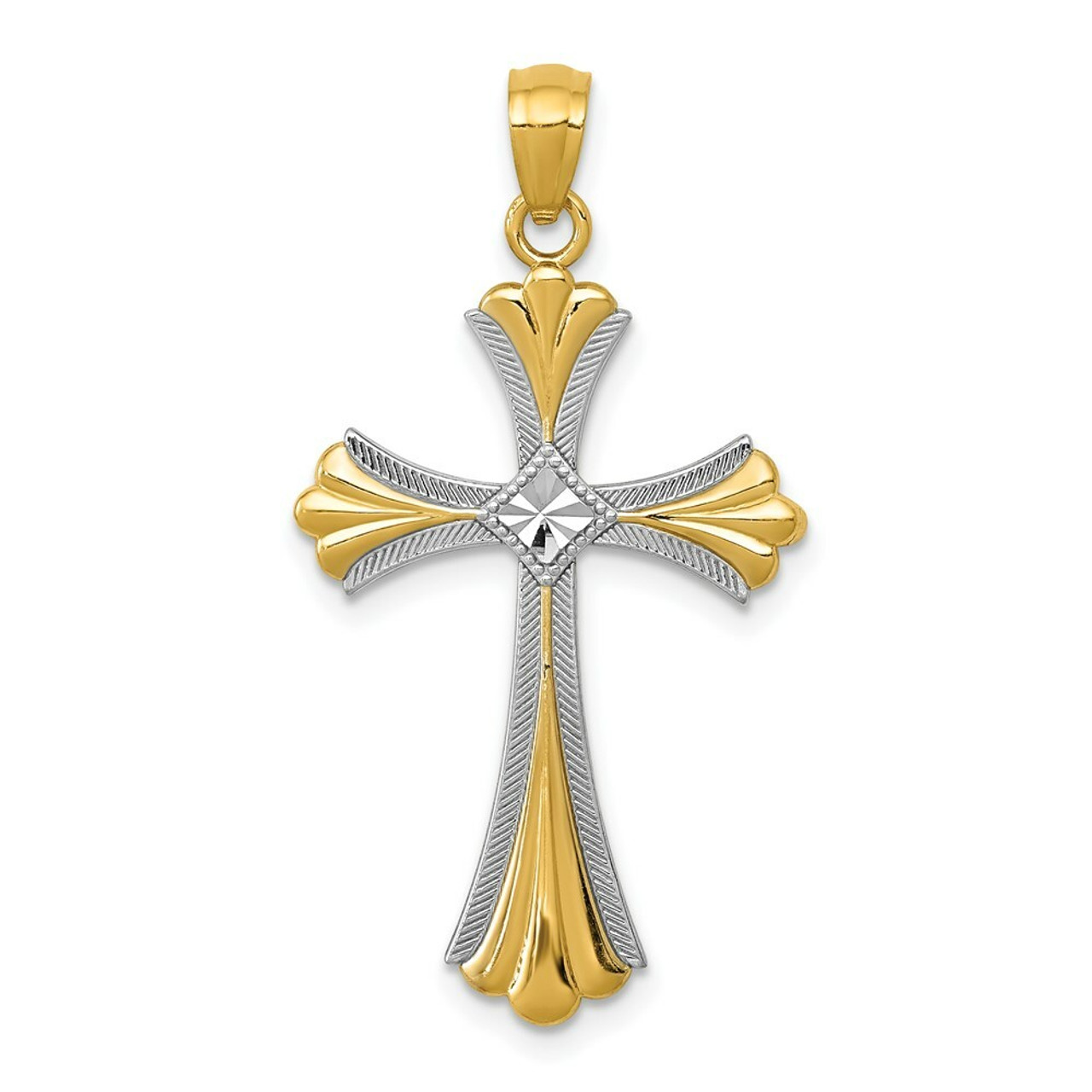 14K Yellow Gold Diamond-cut Rhodium Cross Pendant - (A83-586)