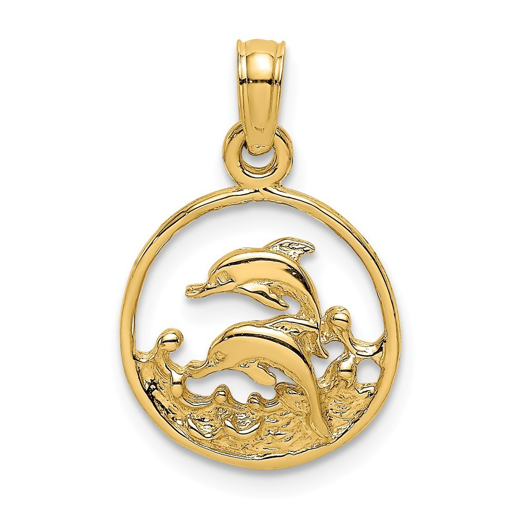 14K Yellow Gold Two Dolphins In Circle Charm Pendant - (A92-816
