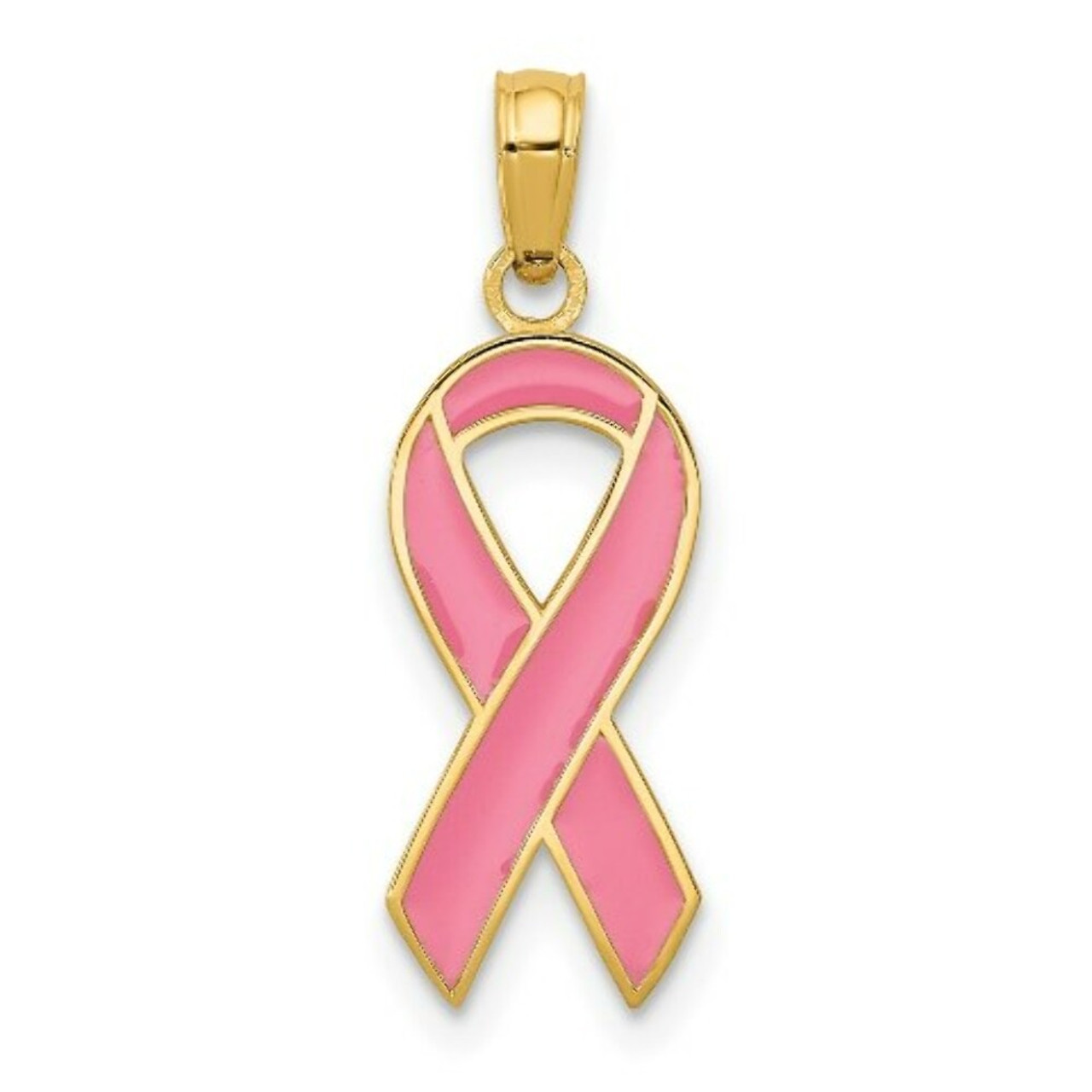 14K Yellow Gold Pink Enameled Awareness Ribbon Pendant - (B11-865)