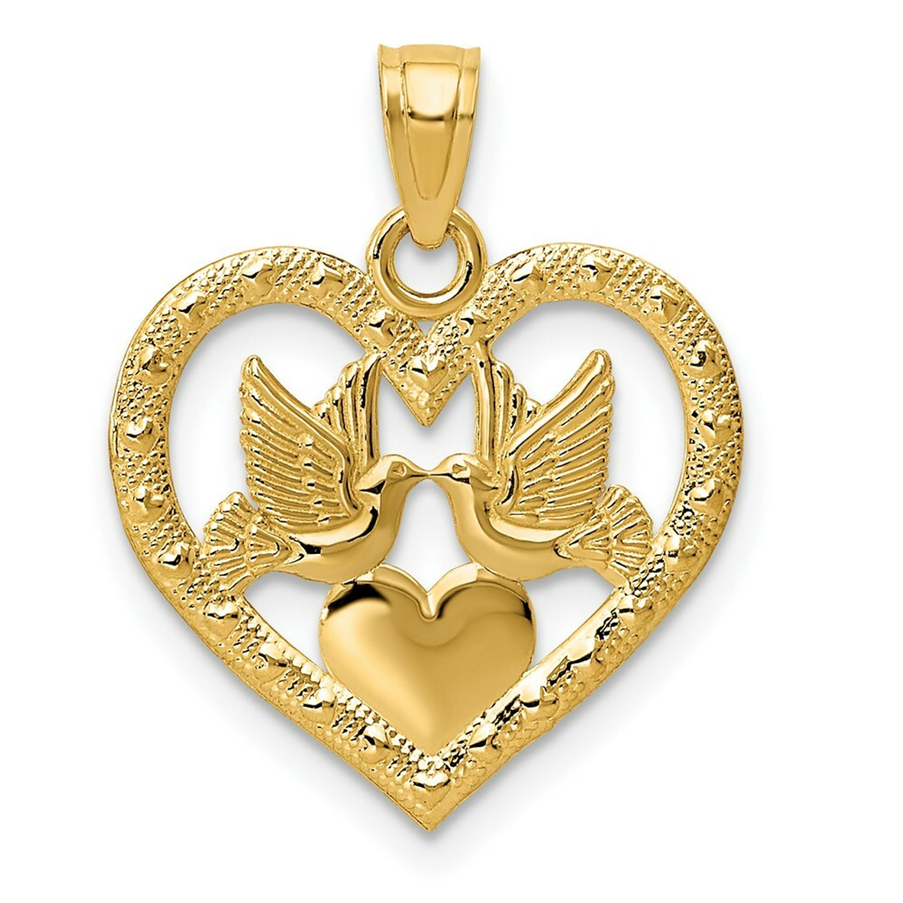 14K Yellow Gold Two Doves In Heart Pendant - (A84-560)