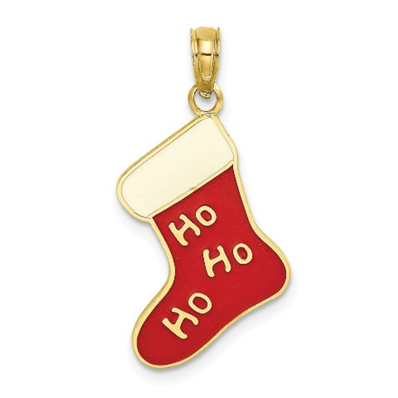 10K Yellow Gold 2-D & Enamel HO HO HO Christmas Stocking Charm Pendant - (A88-579)