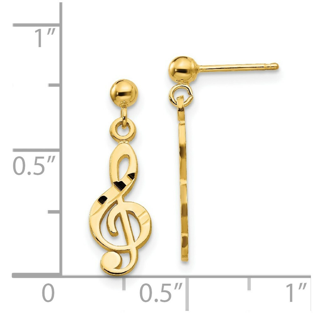 14K Yellow Gold Polished & Diamond-cut Treble Clef Dangle Post Earrings - (B40-885)