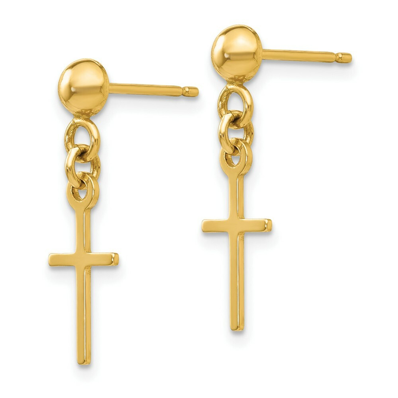 14K Yellow Gold Polished Cross Dangle Post Earrings - (B41-522)