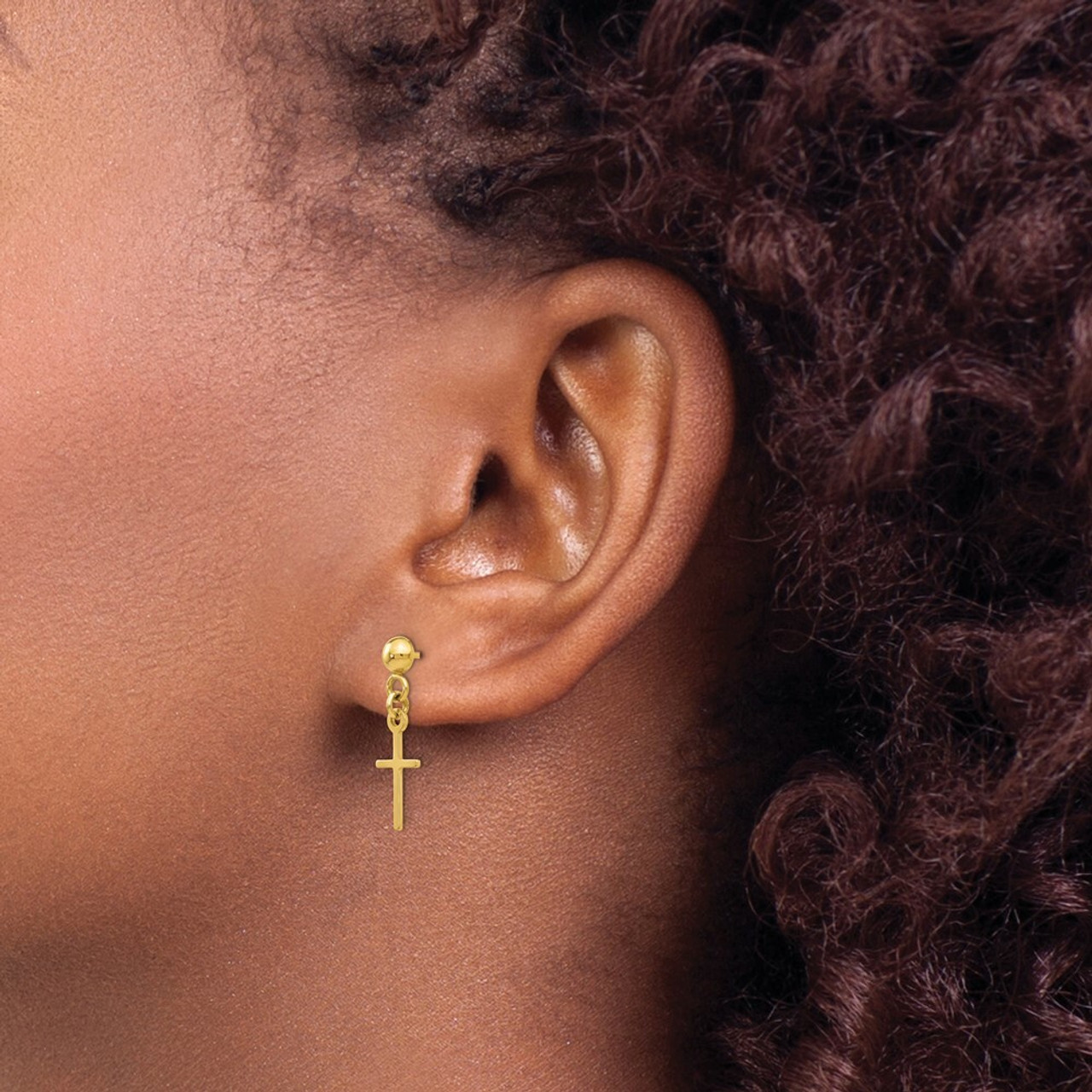 14K Yellow Gold Polished Cross Dangle Post Earrings - (B41-522)