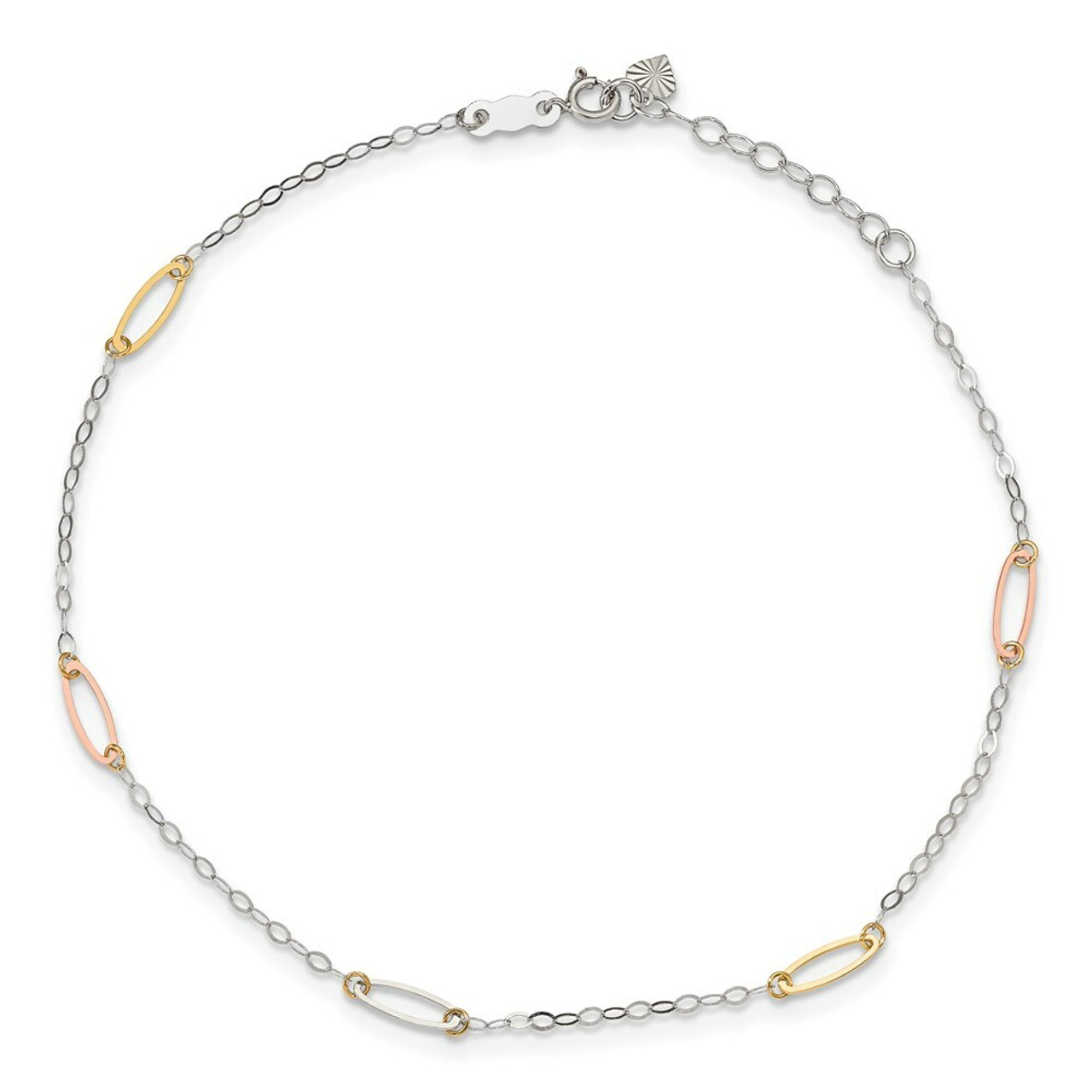 14K Tri-Color Gold Oval Link with 1'' extension Anklet - Length 9'' inches - (C64-110)