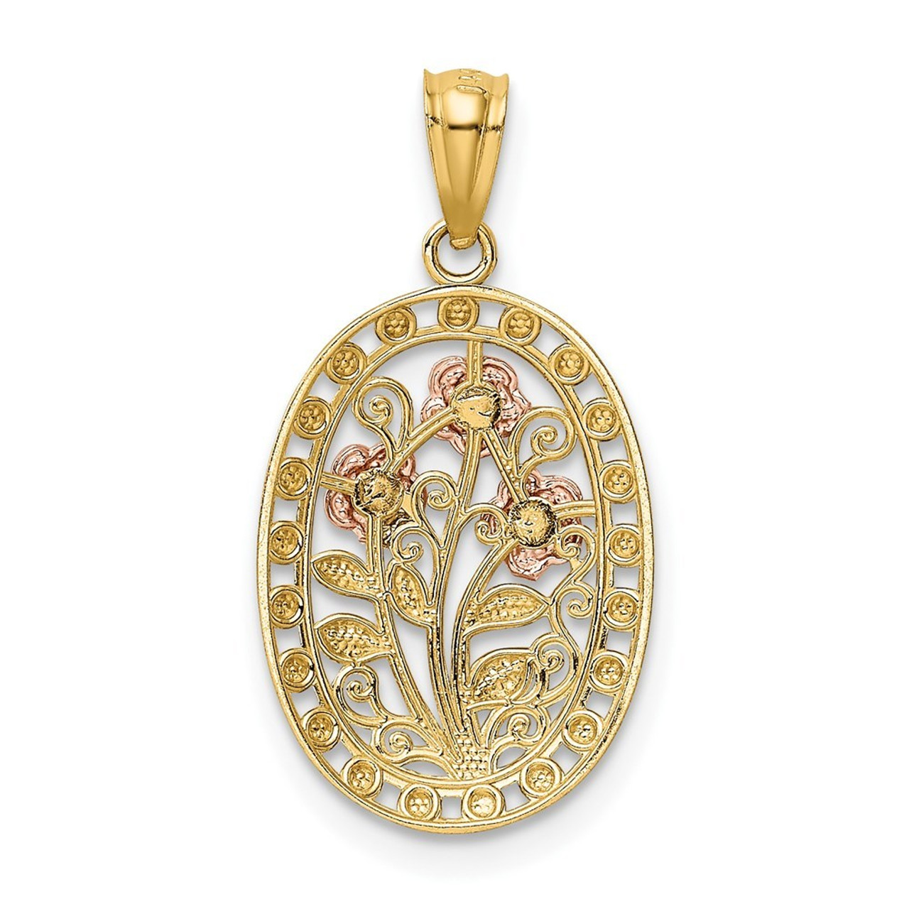 14K Yellow Gold Yellow and Rose Gold Rhodium Polished & Textured Oval 3 Rose Pendant - (A85-293)