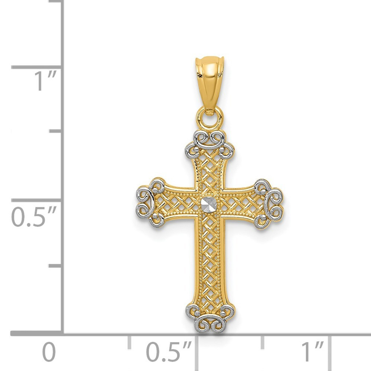 14K Two-tone Gold Two-tone Diamond-cut Filigree Cross Pendant - (A85-896)