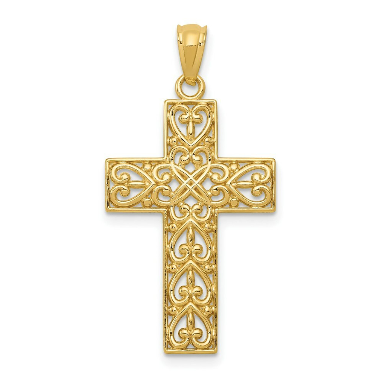 14K Yellow Gold Diamond-cut Filigree Cross Pendant 32mm length - (A86-769)