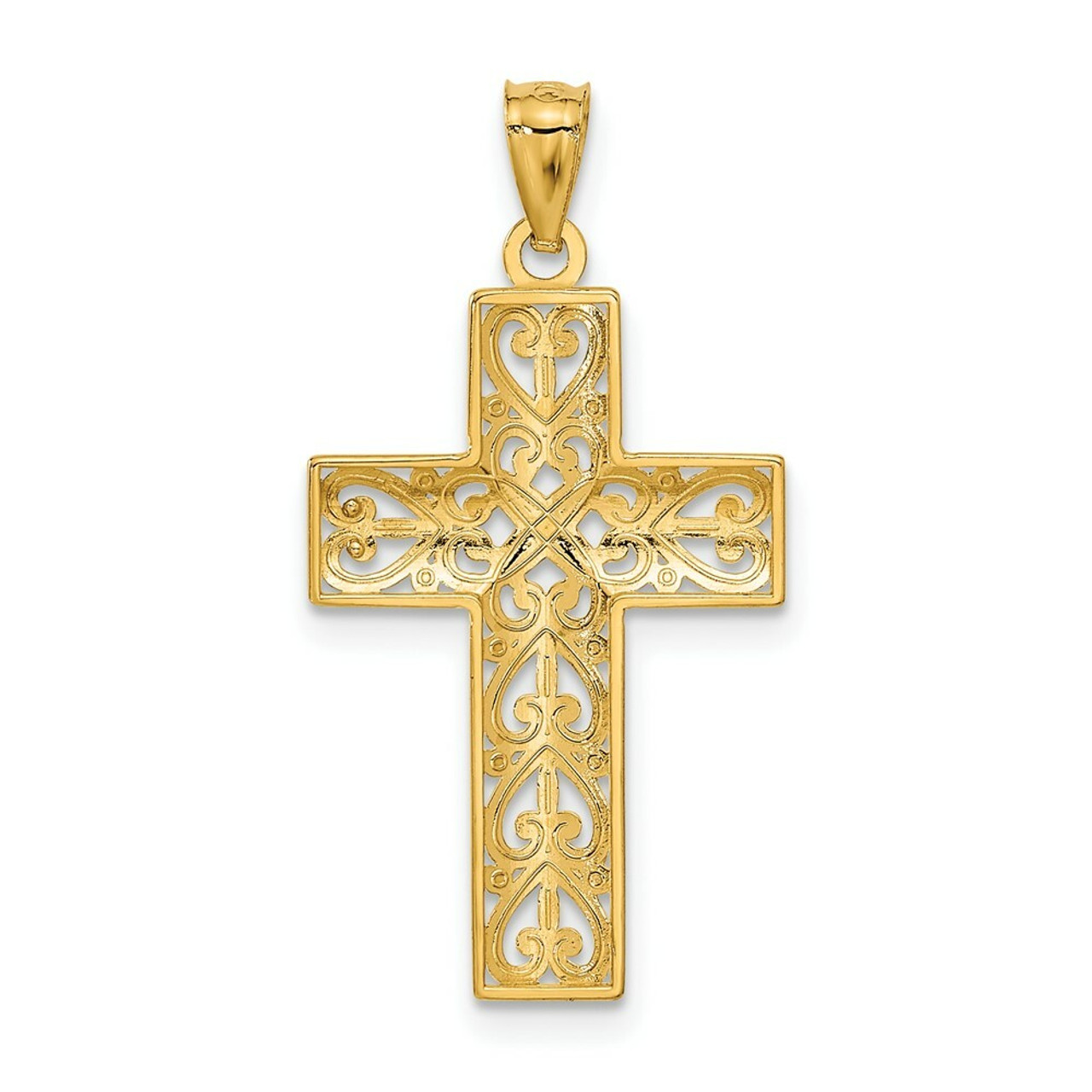 14K Yellow Gold Diamond-cut Filigree Cross Pendant 32mm length - (A86-769)