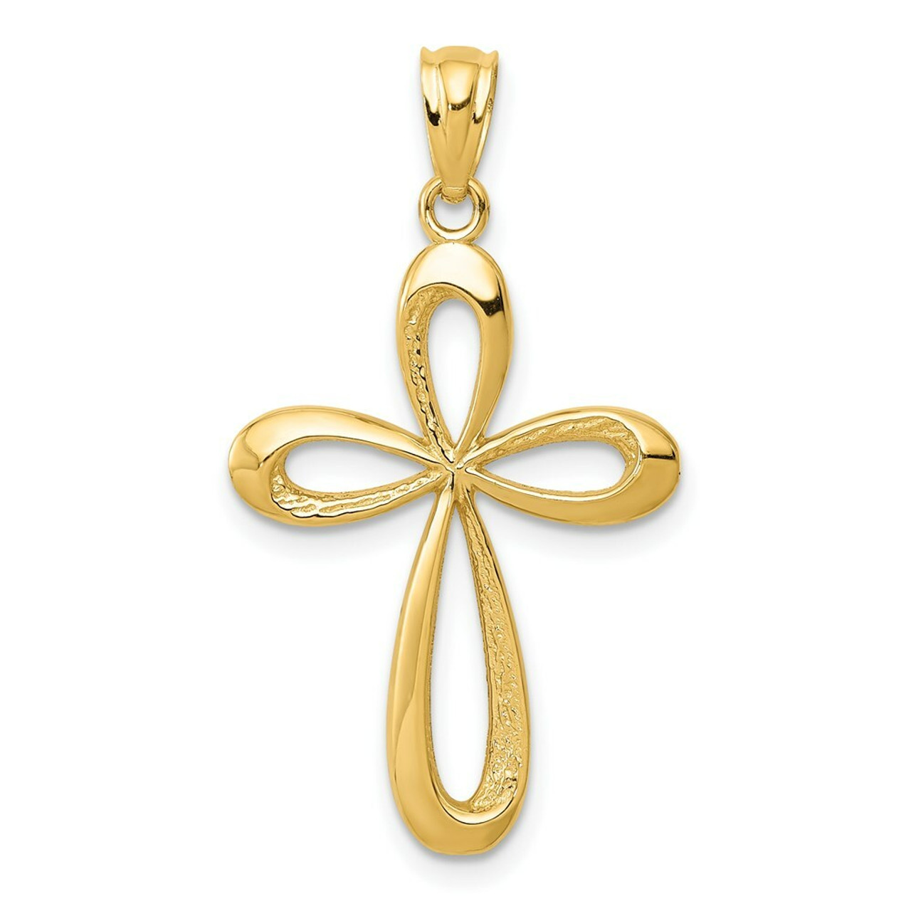 14K Yellow Gold Polished Ribbon Cross Pendant - (A87-103)