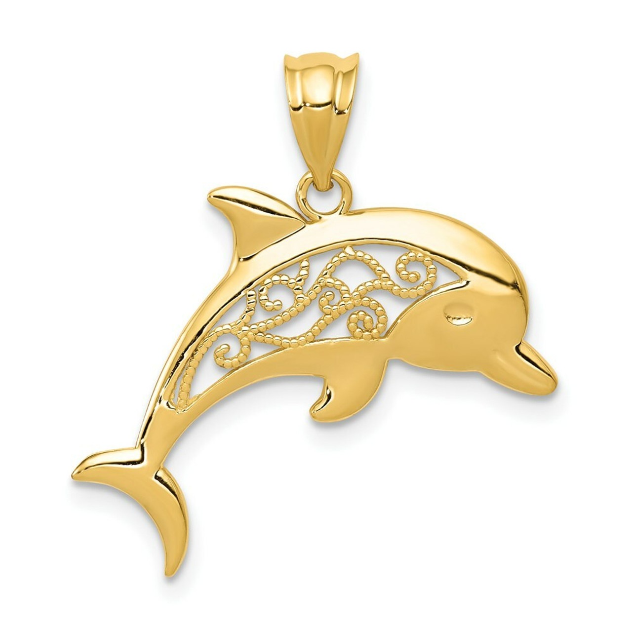 14K Yellow Gold Filigree Dolphin Pendant - (A87-208)