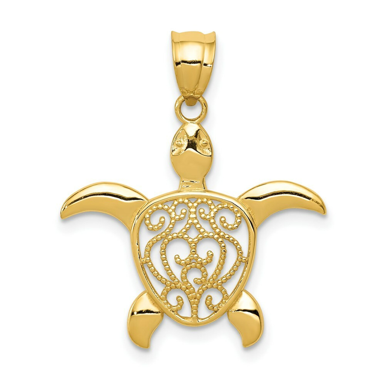 14K Yellow Gold Polished Filigree Sea Turtle Pendant - (A87-331)