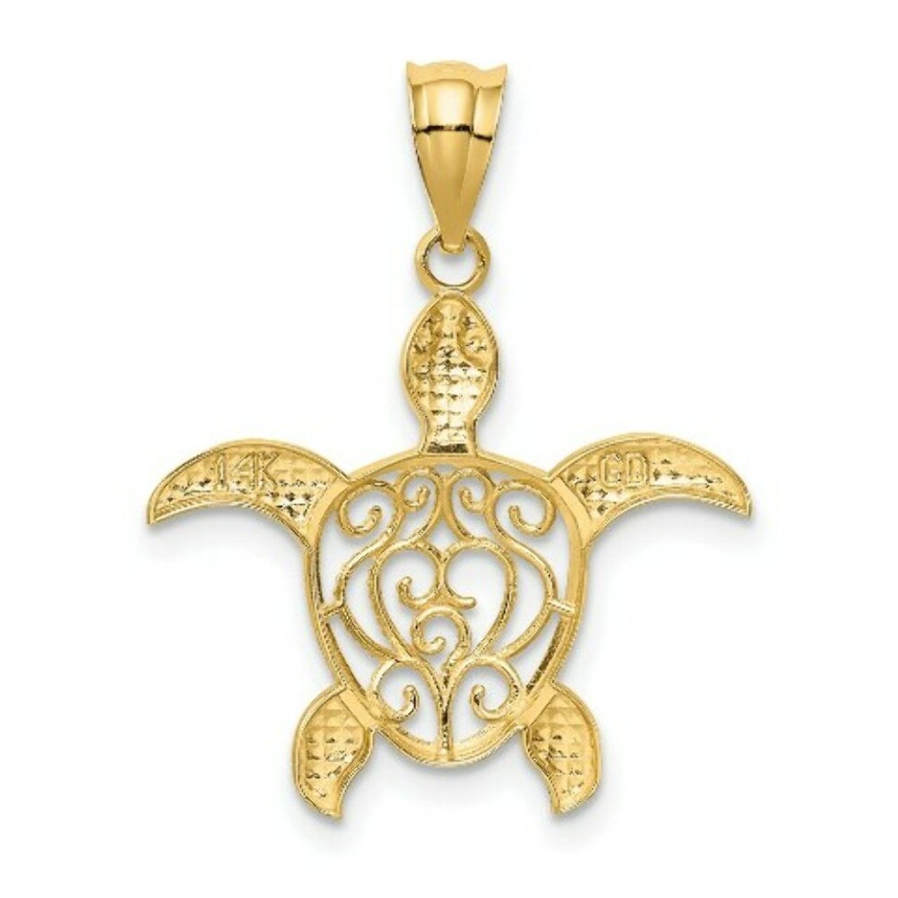 14K Yellow Gold Polished Filigree Sea Turtle Pendant - (A87-331)