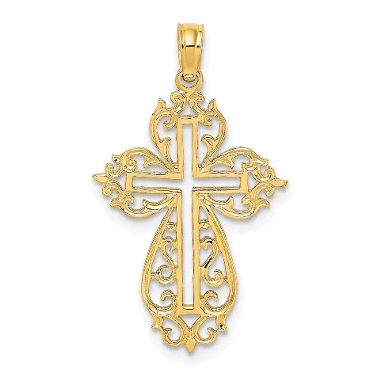 14K Yellow Gold Cut-Out Scroll Framed Cross Charm Pendant - (A92-536)