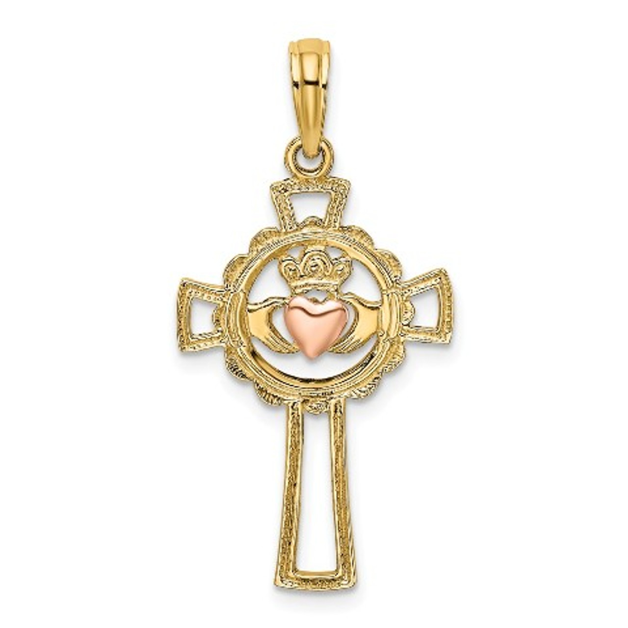 14K Two-Tone Gold Cross With Claddagh & Heart Charm Pendant - (A93-581) 14K Two-Tone Gold Cross With Claddagh & Heart Charm Pendant - (A93-581)